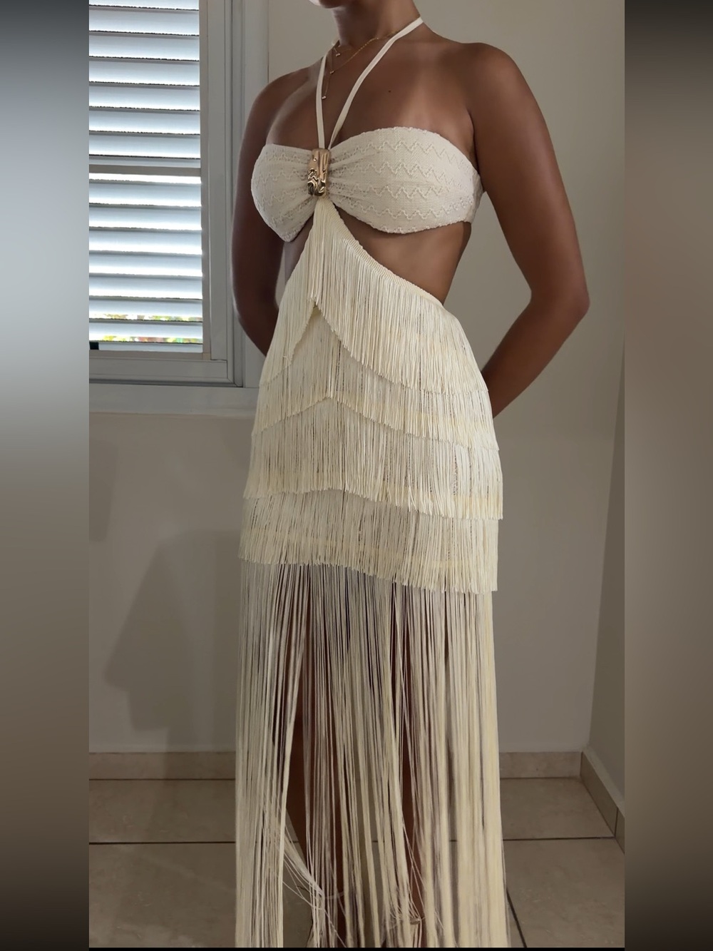 Ivory Fringe Cutout Halter Maxi Dress
